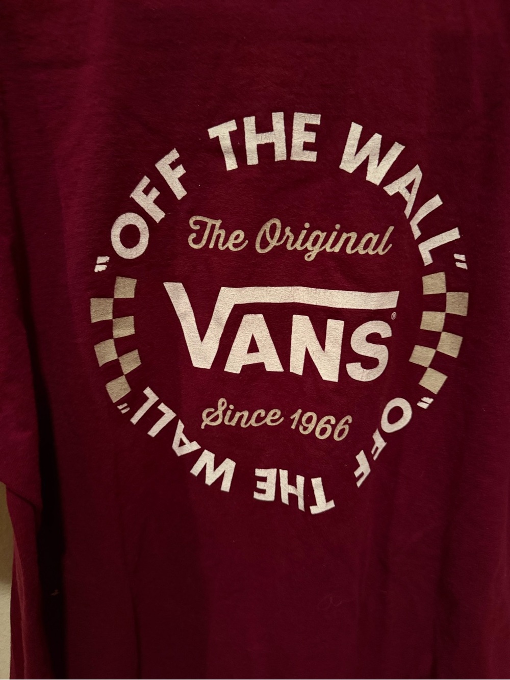 2 Vans Tees — Burgundy Tee with White 'Off The Wall' Circle Logo and Blue Tee